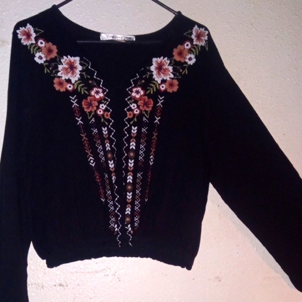 Embroidered Floral Black Top